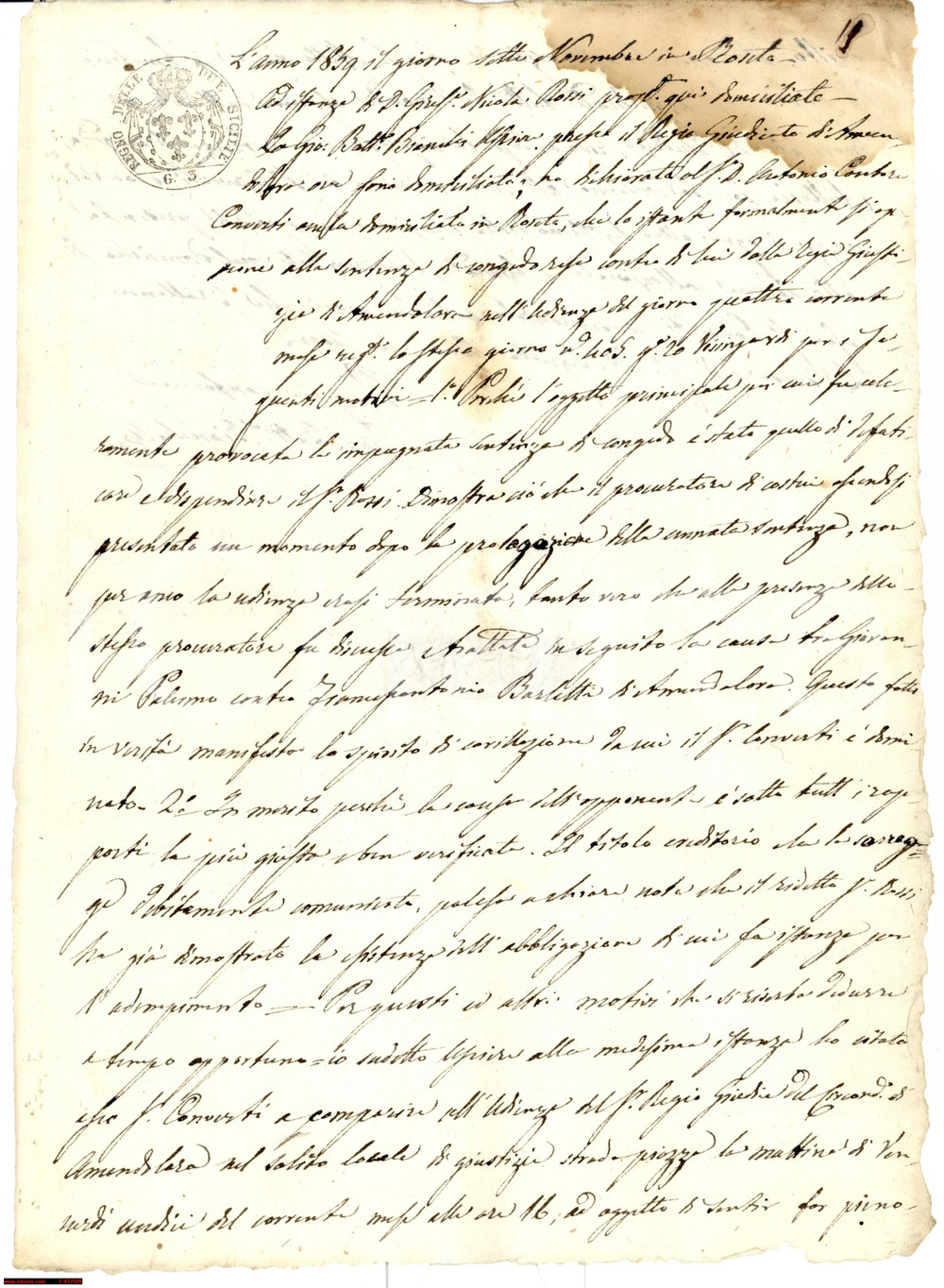 Documento originale, autentico 1860 ROSETO DEGLI ABRUZZI Giuseppe Nicola ROSSI in lite contro Antonio CONVERTI 1