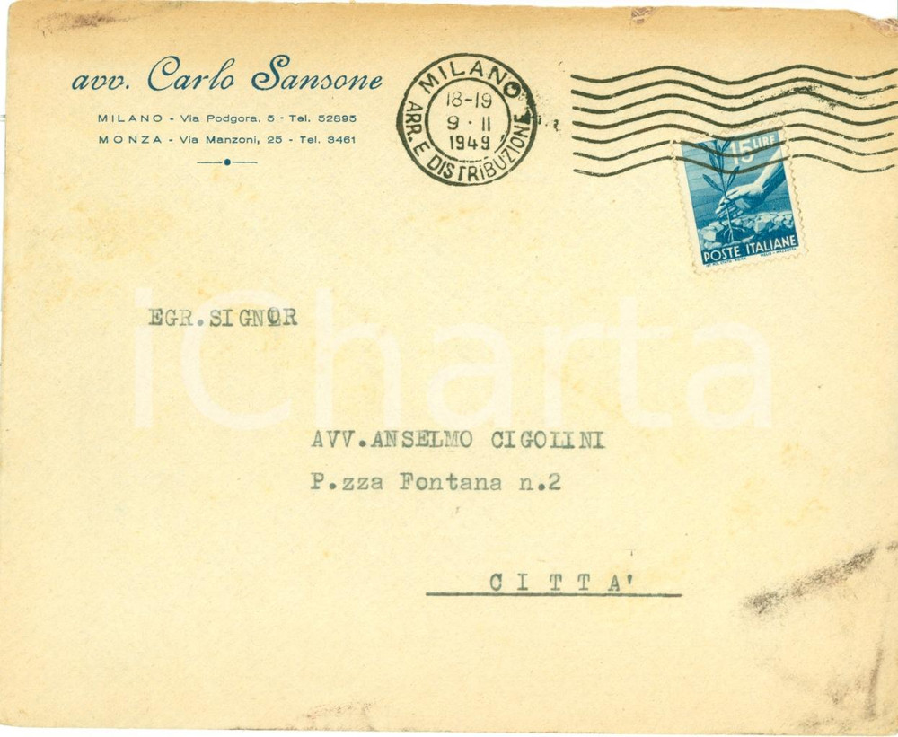 Materiale pubblicitario d’epoca 1949 MILANO Avvocato Carlo SANSONE via PODGORA busta intestata FG 1