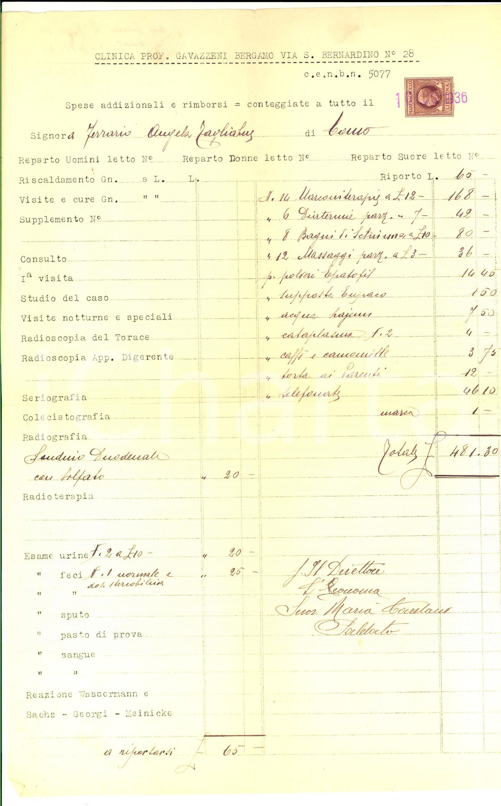 Documento originale, autentico 1936 BERGAMO Clinica prof. GAVAZZENI  Spese e rimborsi per degenza paziente 1