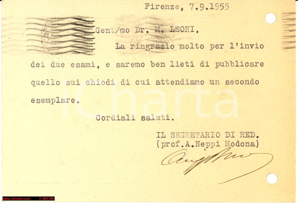 Autografo originale 1955 FIRENZE Istituto Studi Etruschi  Cartolina Aldo NEPPI MODONA Autografo 1