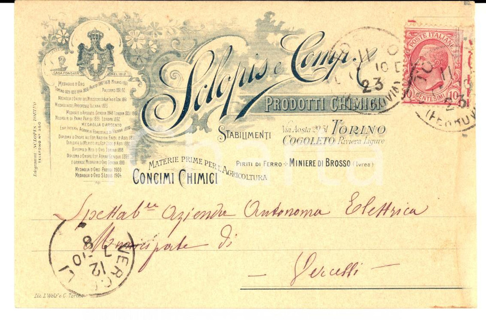 Cartolina originale da collezione 1910 TORINO Prodotti chimici SCLOPIS & Co. *Cartolina postale INTESTATA FP VG 1