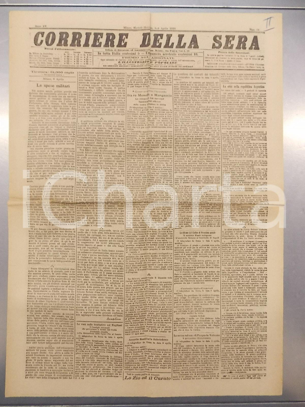 1890 CORRIERE DELLA SERA Accordo tra MENELIK II e MangasciÃ  Yohannes Anno XV n96 DIMENSIONI: 42x60 cm CONDIZIONI: FAIR     originale e autentica 1