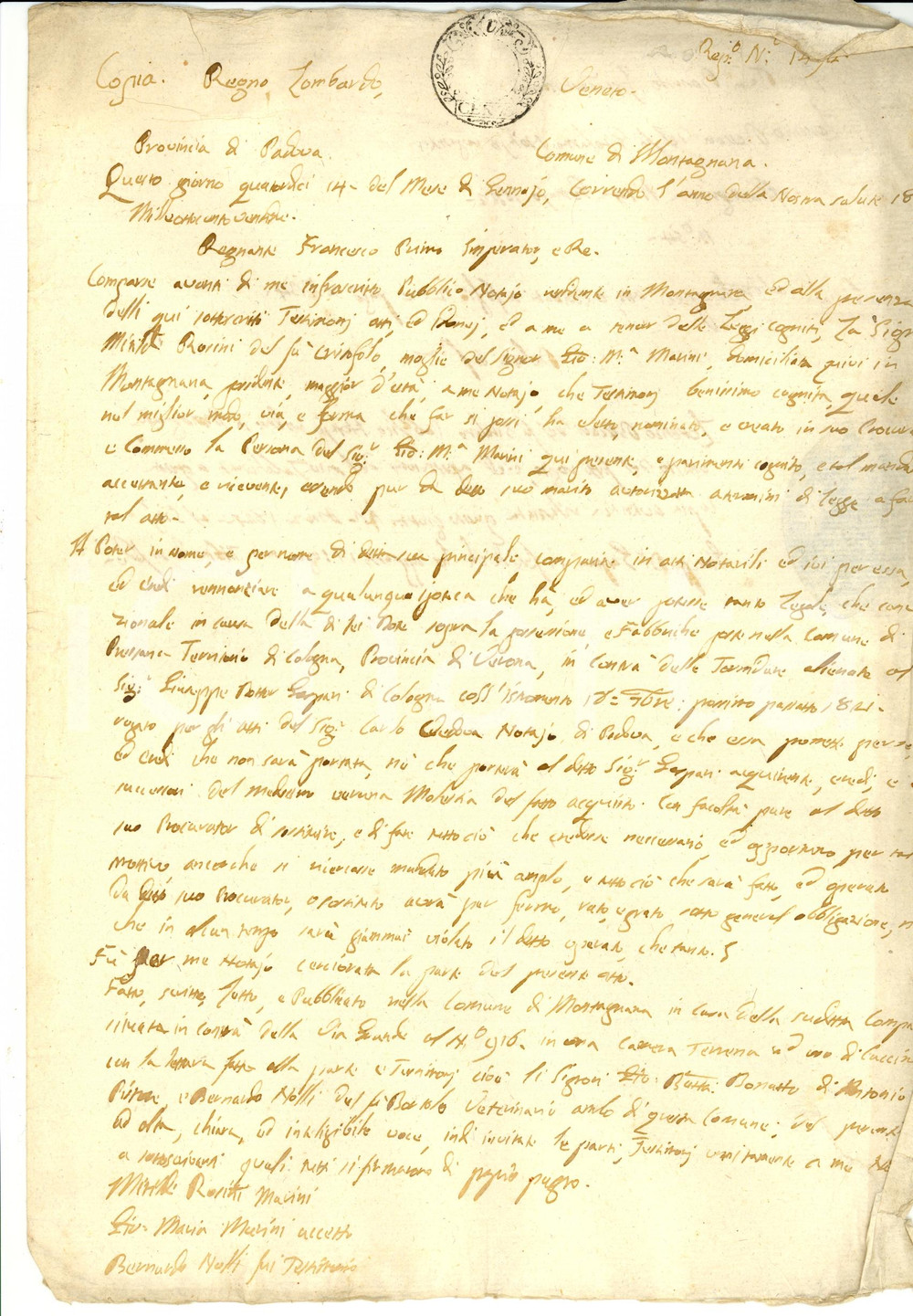 Documento originale, autentico 1822 PRESSANA VR Causa per terre vendute a Giuseppe GASPARI 1