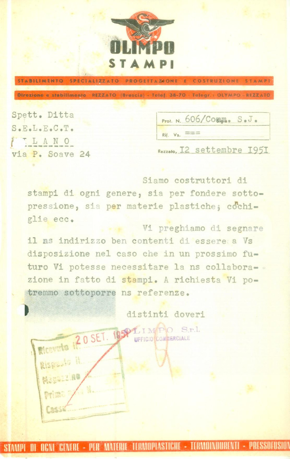 Documento originale, autentico 1951 REZZATO BS Stampi OLIMPO Progettazione costruzione stampi Lettera 1