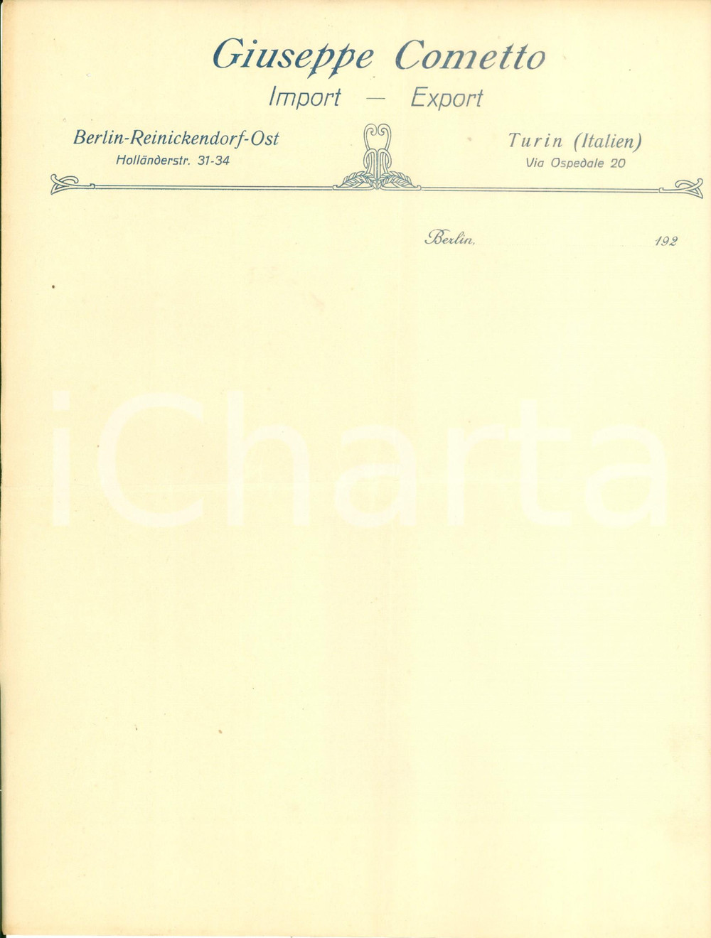 Documento originale, autentico 1920 ca BERLIN Giuseppe COMETTO Import Export Carta intestata non compilata 1