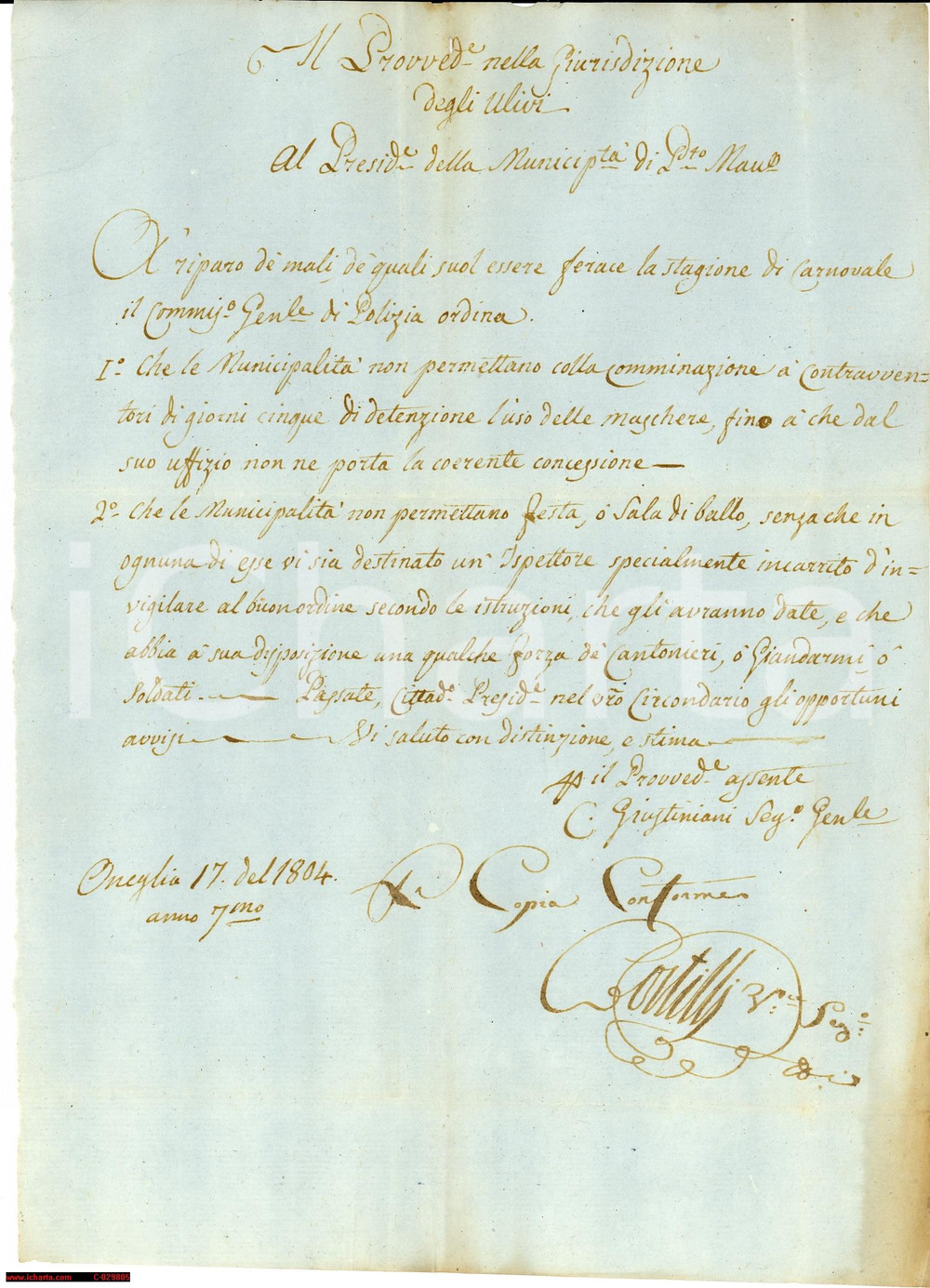 Documento originale, autentico 1804 ONEGLIA PORTO MAURIZIO Misure restrittive per il Carnevale Lettera 1