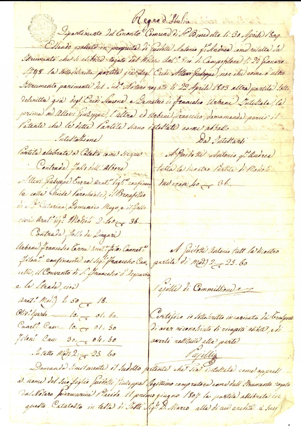 Documento originale, autentico 1809 SAN BENEDETTO DEL TRONTO AP Beni di Antonio GIUDITTI al FOSSO DE  ZINGARI 1