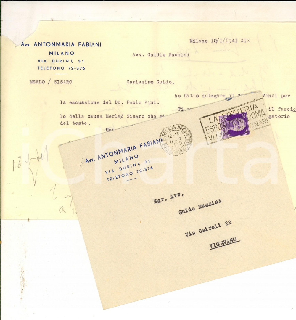 Manoscritto, lettera originale 1941 STORIA POSTALE Lettera Antonmaria FABIANI cent. 50 imperiale LOTTERIA 1