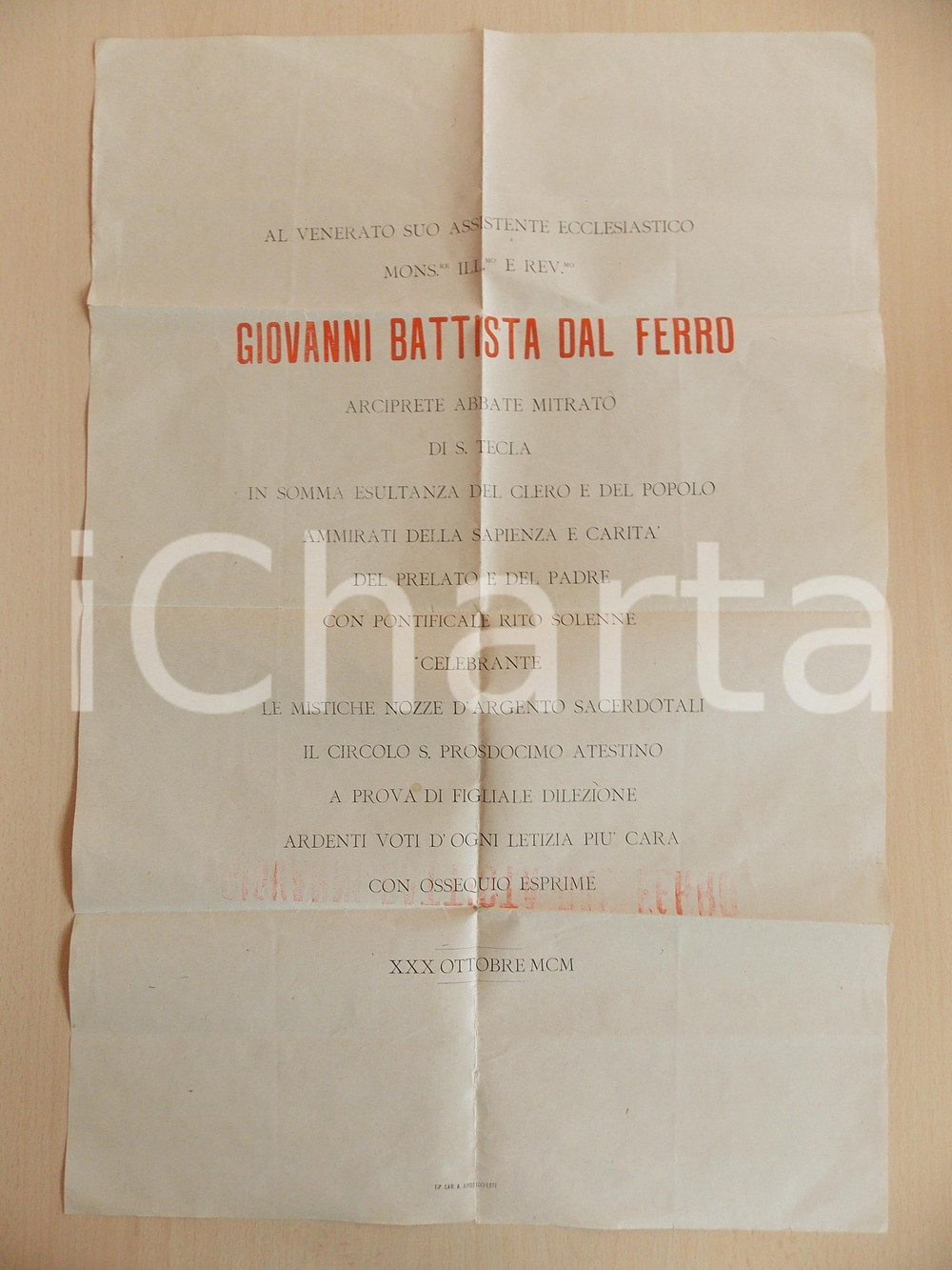 Documento originale, autentico 1900 ESTE PD Arciprete Giovanni Battista DAL FERRO nozze d argento sacerdotali 1