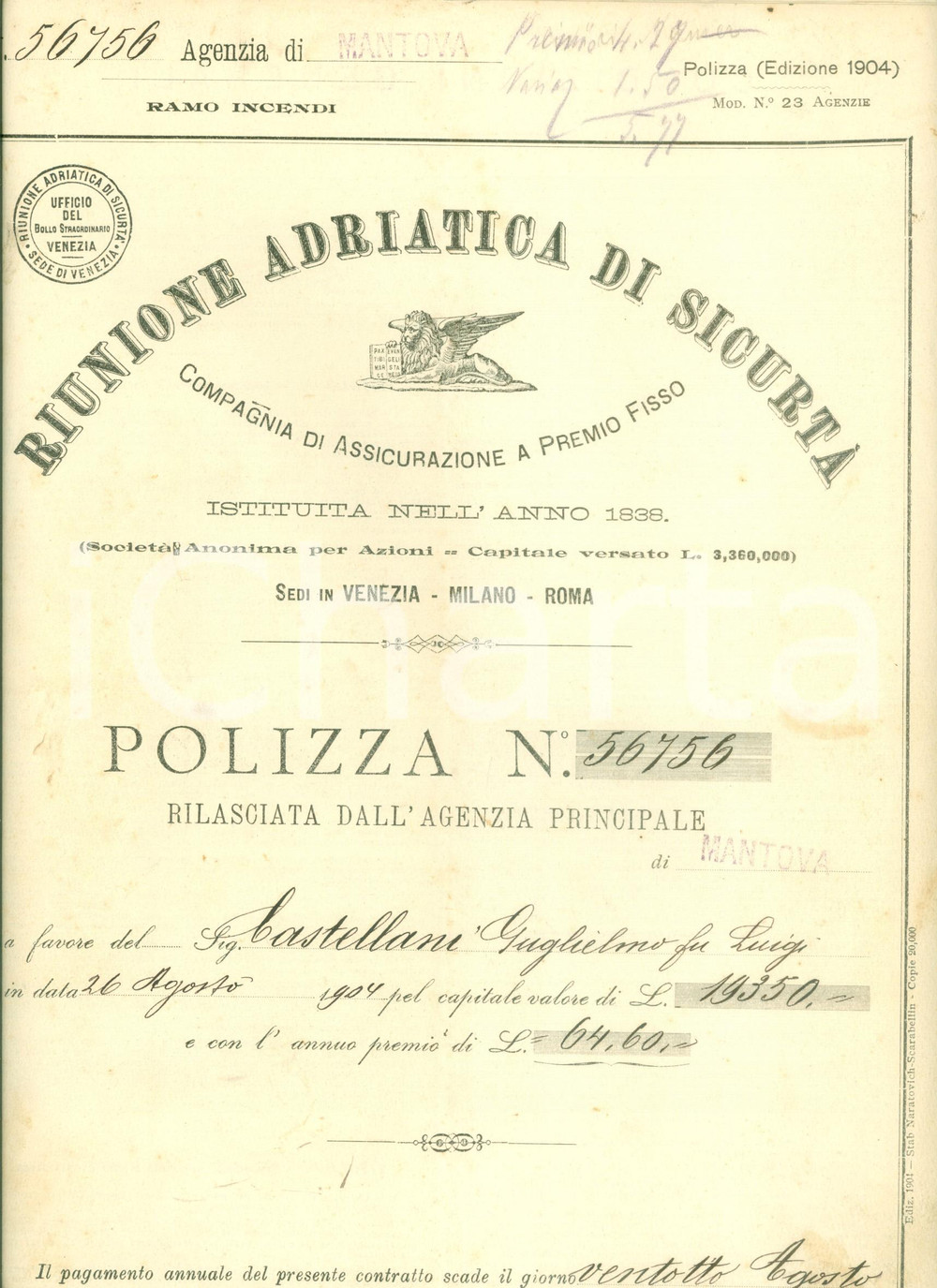 Documento originale, autentico 1904 MANTOVA Riunione Adriatica di Sicurtà  Polizza di Guglielmo CASTELLANI 1