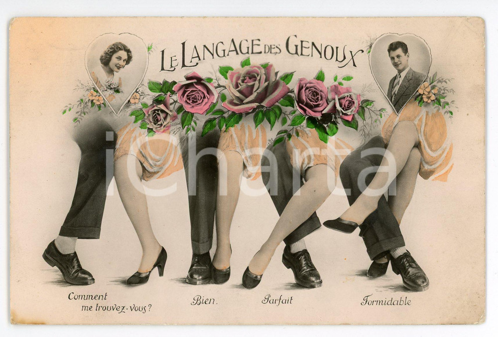 1920 ca FRANCE SEDUCTION Le langage des genoux - Carte postale vintage  Cartolina postale d'epoca,  scritta ma non viaggiata.CONDIZIONI: FAIR (lievi ingiallimenti marginali e tracce d'uso)FORMATO: FP    originale e autentica 1