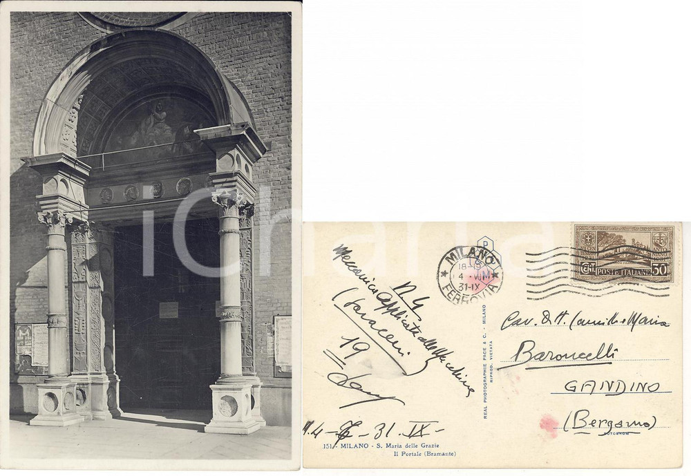 Autografo originale 1931 MILANO Santa Maria delle Grazie Cartolina con autografo Dante BARONCELLI 1
