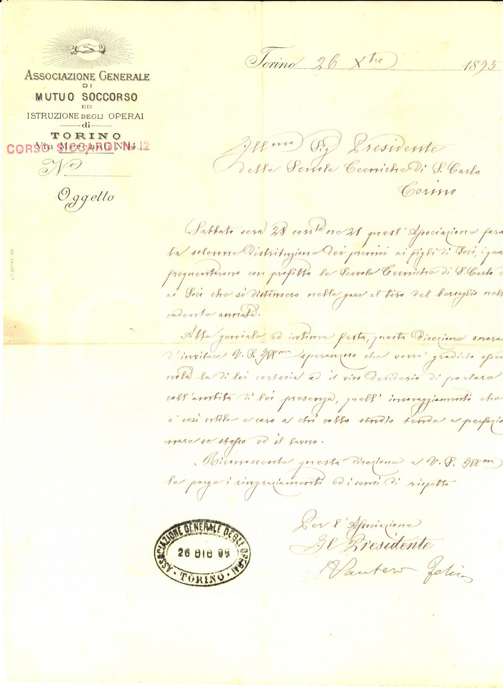 Manoscritto, lettera originale 1895 TORINO Festa e premiazione ASSOCIAZIONE DI MUTUO SOCCORSO degli operai 1
