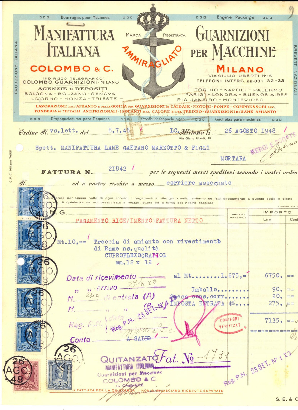 Documento originale, autentico 1948 MILANO Manifattura COLOMBO Guarnizioni per macchine Fattura intestata 1