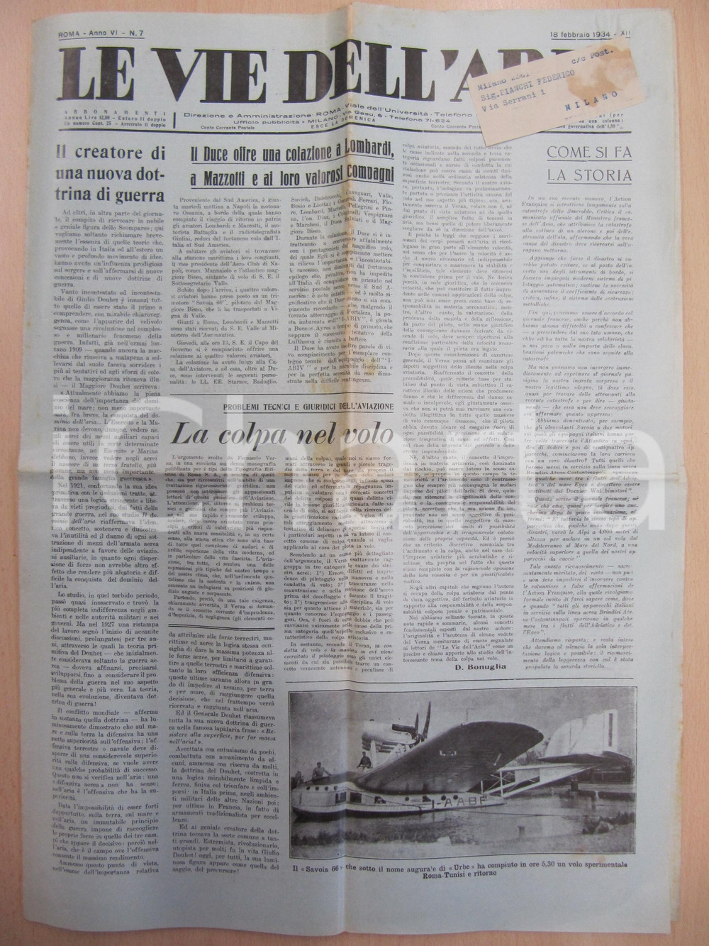 Giornale, rivista storica 1934 LE VIE DELL ARIA Giulio DOUHET e la nuova guerra aerea Giornale 1
