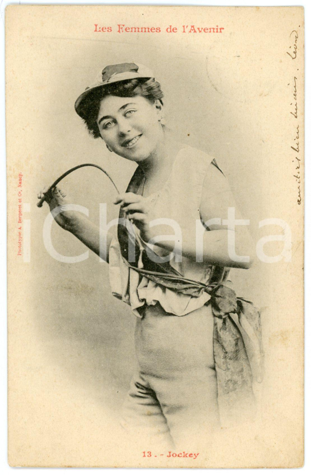 1903 FRANCE HUMOUR Les femmes de l'avenir - Jockey - Postcard n° 13  Cartolina postale d'epoca, viaggiata.Si tratta di una serie che immaginava le donne del futuro nei mestieri che, all'epoca, erano riservati agli uomini.EDITORE: A. Bergeret - Nancy GOOD/buono  Formato: 9x14 cm originale e autentica 1