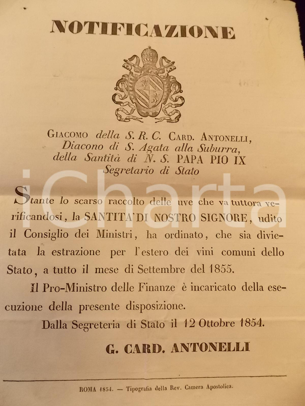 Documento originale, autentico 1854 STATO PONTIFICIO ROMA Divieto esportazione vini comuni Manifesto 1