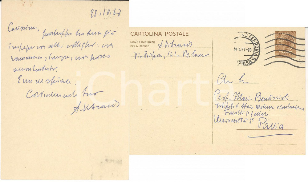 Autografo originale 1957 MILANO Filologo Antonio VISCARDI rinuncia a un colloquio AUTOGRAFO 1