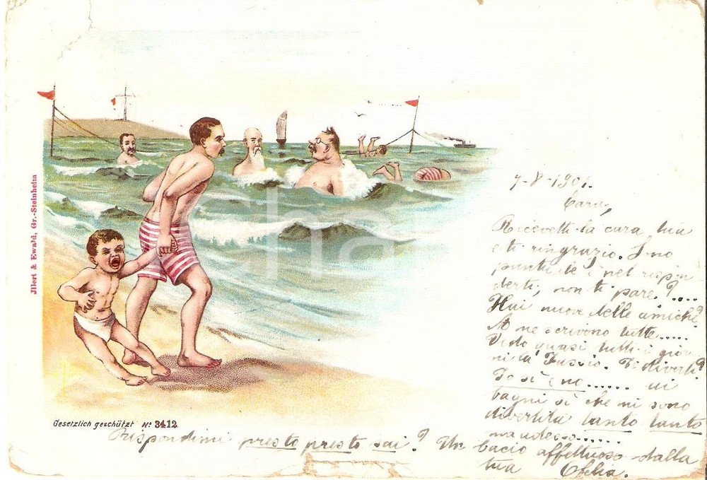 Cartolina originale da collezione 1901 COSTUMI Un bagno al mare controvoglia Cartolina VINTAGE FG VG 1