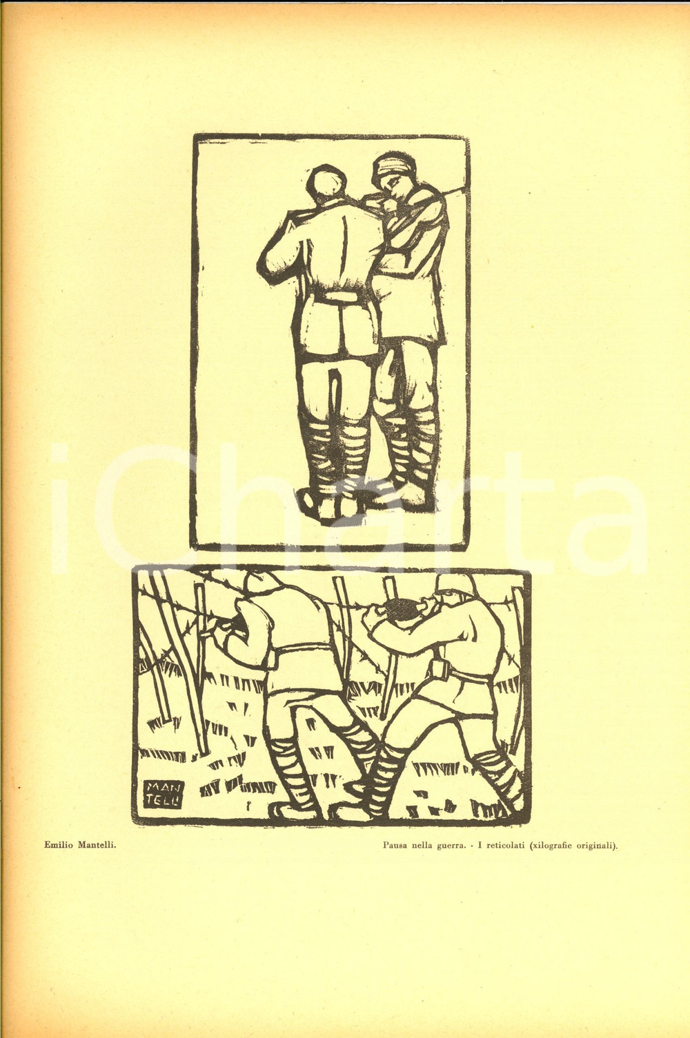Stampa, bozzetto originale 1936 Emilio MANTELLI Pausa nella guerra  I reticolati Stampa da L EROICA 1