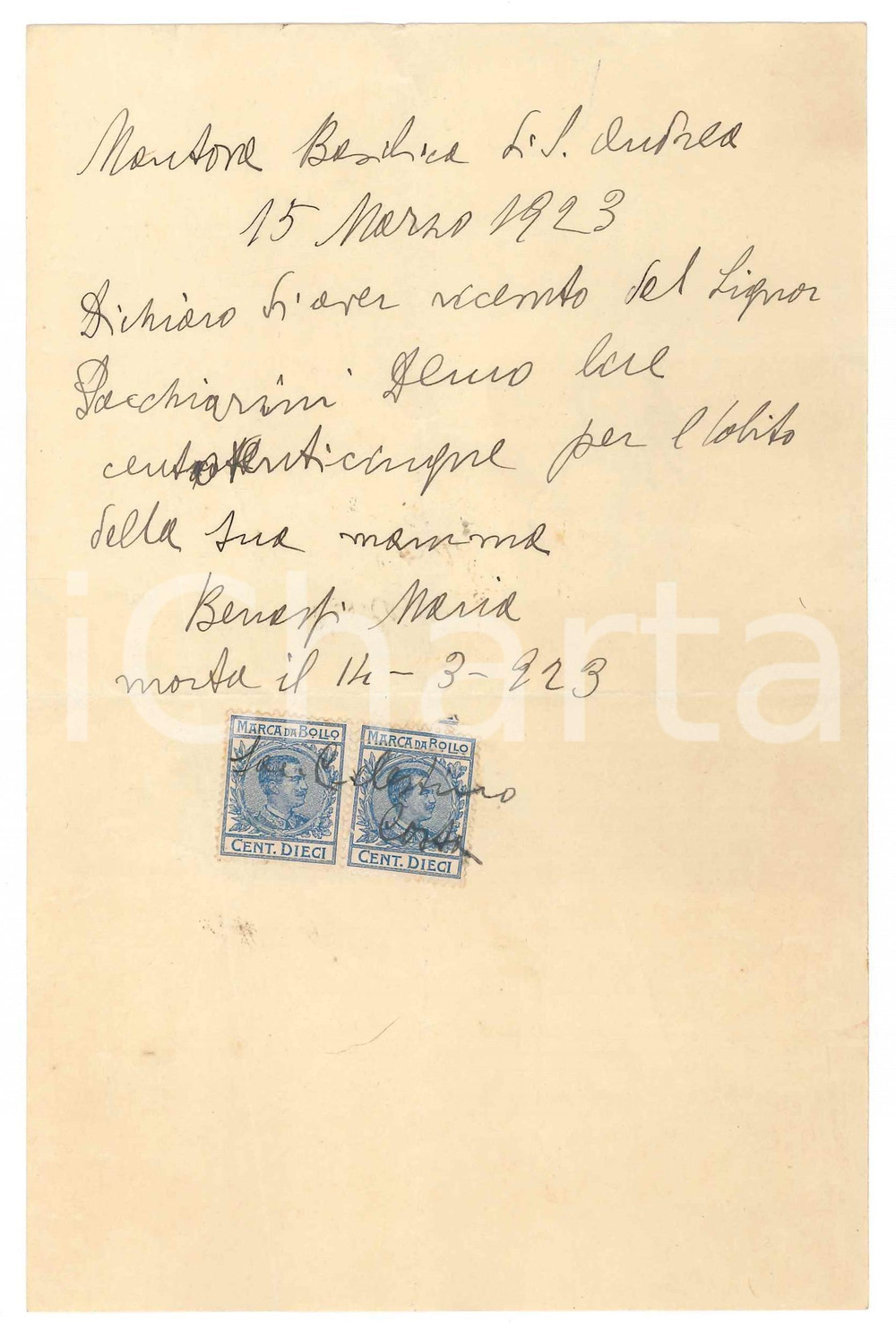 Documento originale, autentico 1923 MANTOVA Basilica s. ANDREA  Ricevuta PACCHIARINI per abito defunta 1