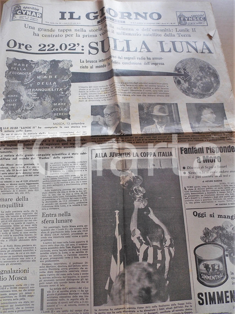 Giornale, rivista storica 1959 IL GIORNO Il razzo LUNIK III arriva sulla Luna Giornale anno IV nÂ° 37 1