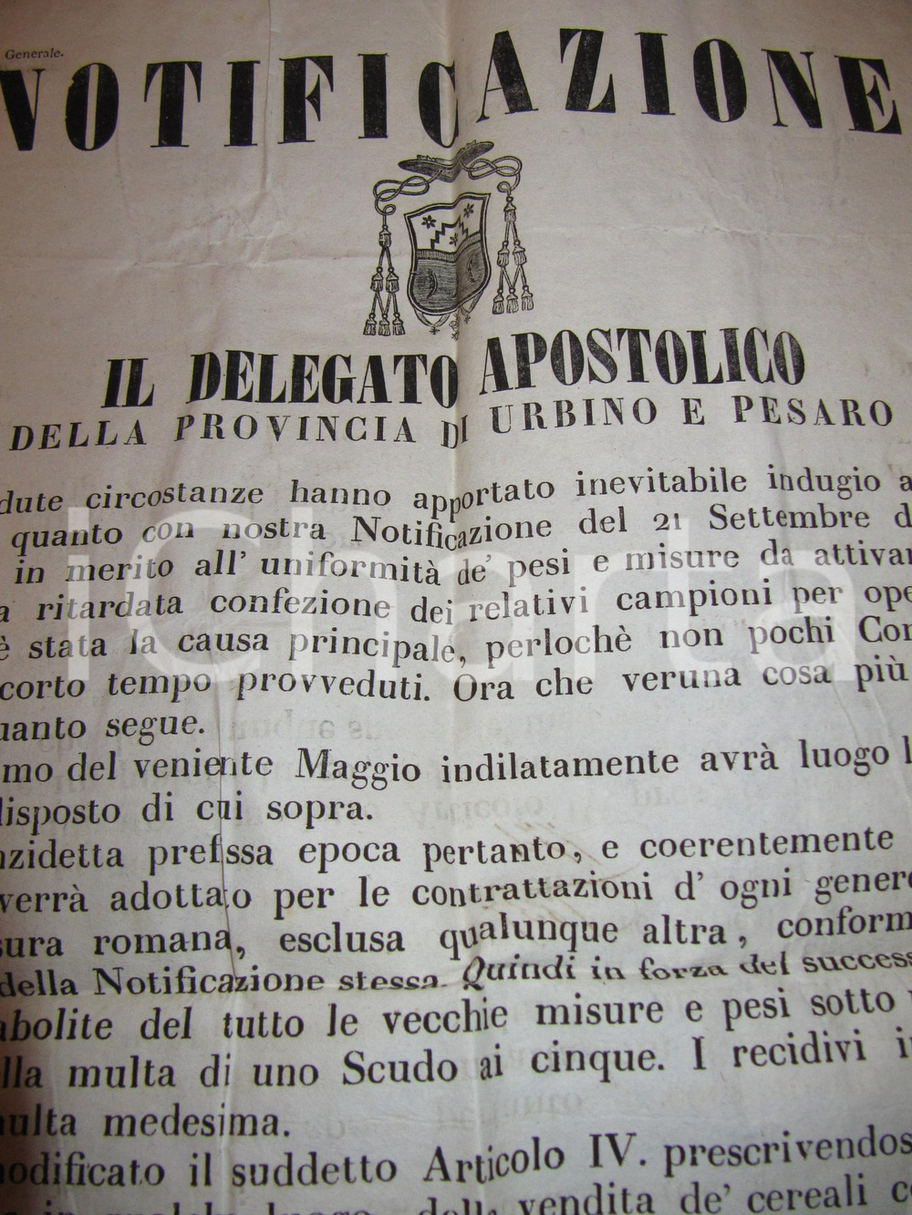 Documento originale, autentico 1855 STATO PONTIFICIO ROMA Adozione pesi e misure del sistema romano *Manifesto 1
