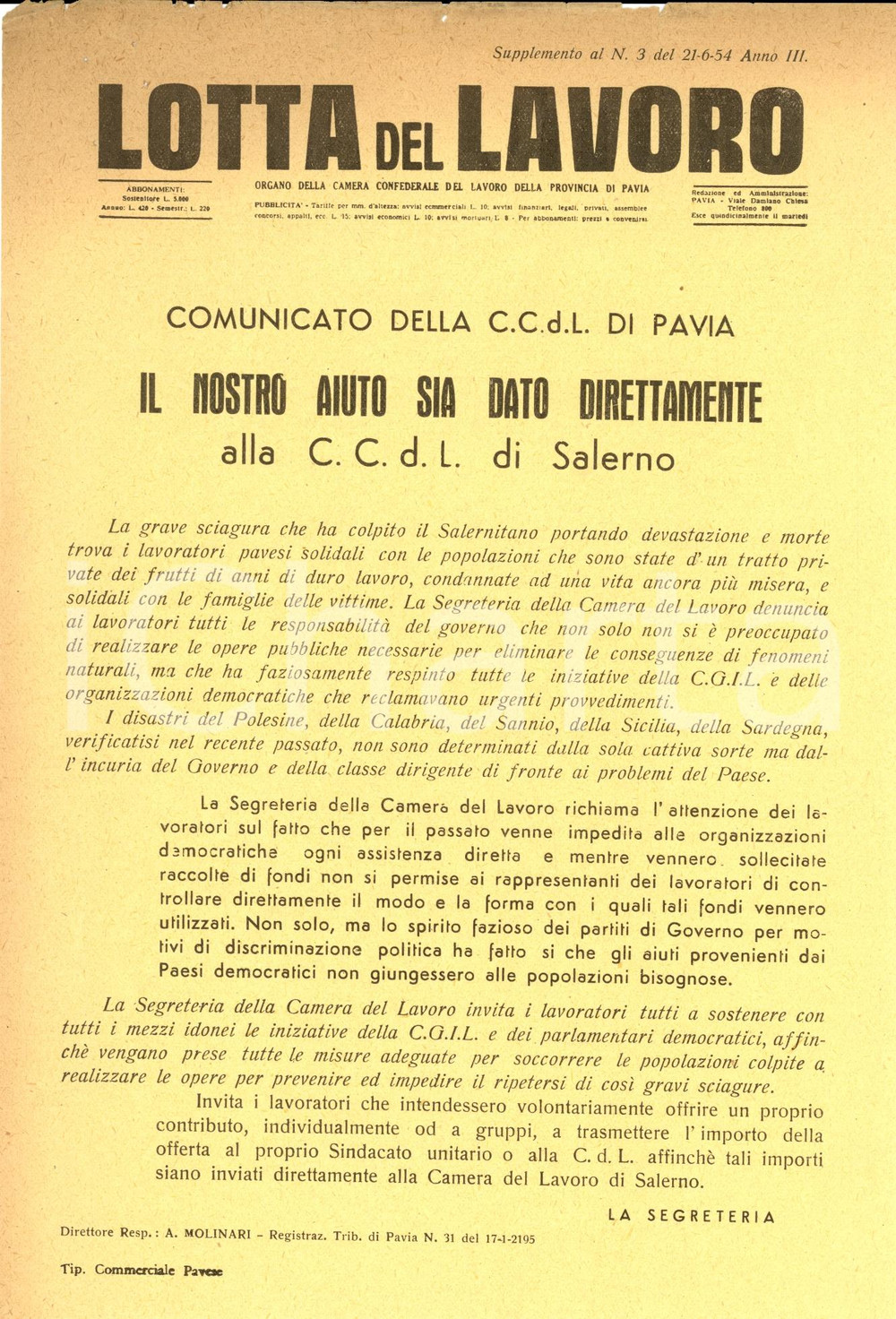 Oggetto da collezione cartaceo 1954 PAVIA CGIL aiuta popolazioni disastro SALERNITANO - Volantino (1) 1