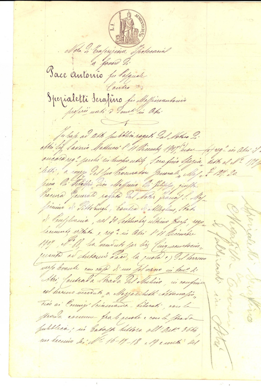 Documento originale, autentico 1907 ATRI TE Iscrizione su immobile di Antonio PACE in strada del MULINO 1
