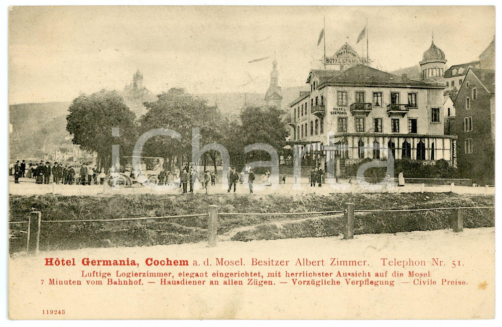 1910 ca COCHEM (GERMANY) Hotel GERMANIA Besitzer Albert ZIMMER ANIMATED Postcard  Cartolina postale d'epoca, che reca al verso un modulo per le note, con un conto manoscritto.CONDIZIONI: G FORMATO: FP    originale e autentica 1