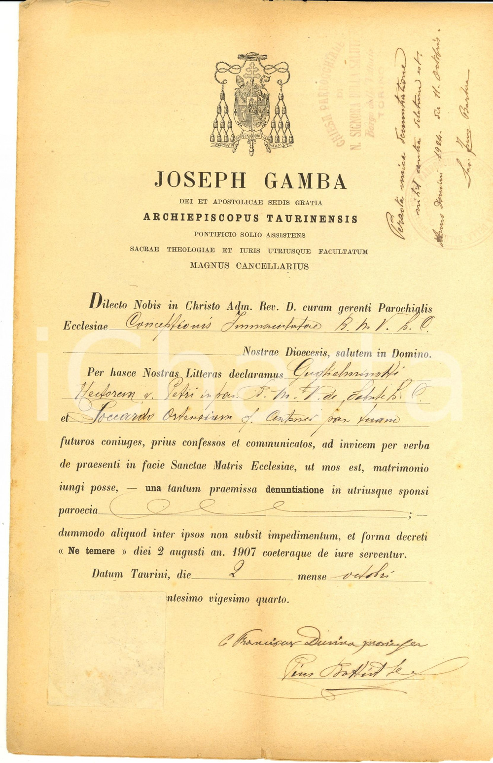 Documento originale, autentico 1924 TORINO Matrimonio GUGLIELMINOTTI - POCCARDO Mons. Giuseppe GAMBA 1