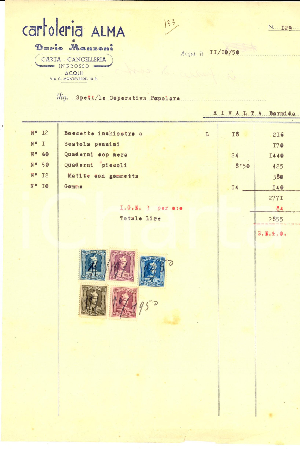 Documento originale, autentico 1950 ACQUI TERME Cartoleria ALMA di Dario MANZONI Fattura intestata 1