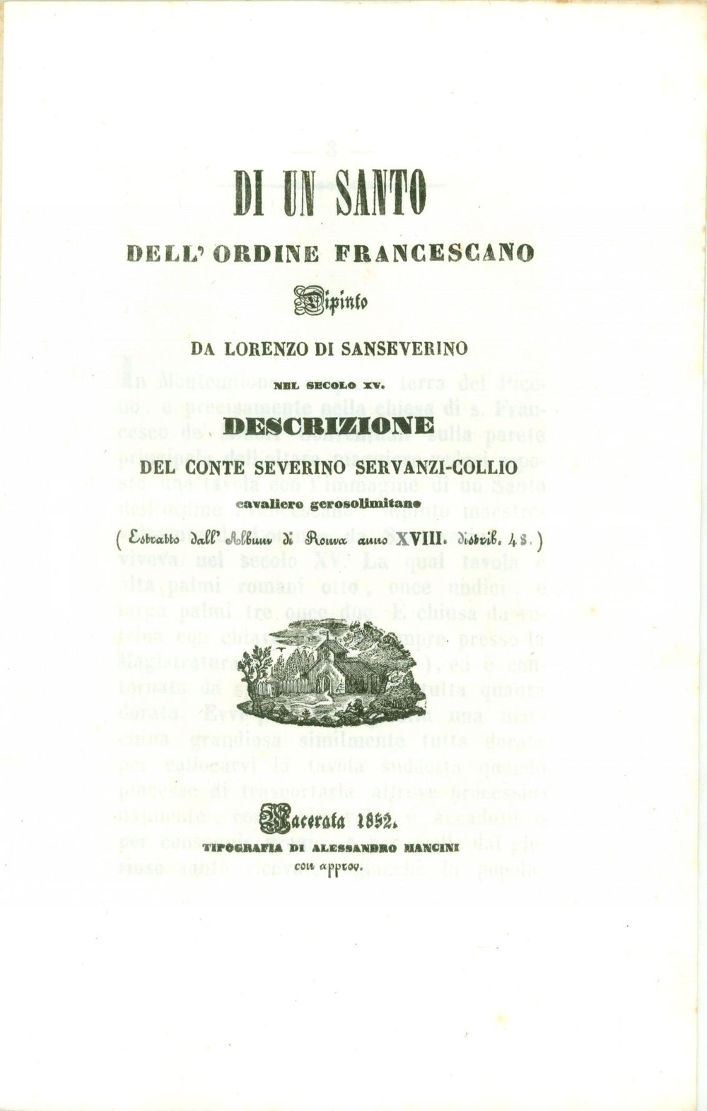 Oggetto da collezione cartaceo 1852 POLLENZA Severino SERVANZI-COLLIO Santo dipinto da Lorenzo di SANSEVERINO 1 1