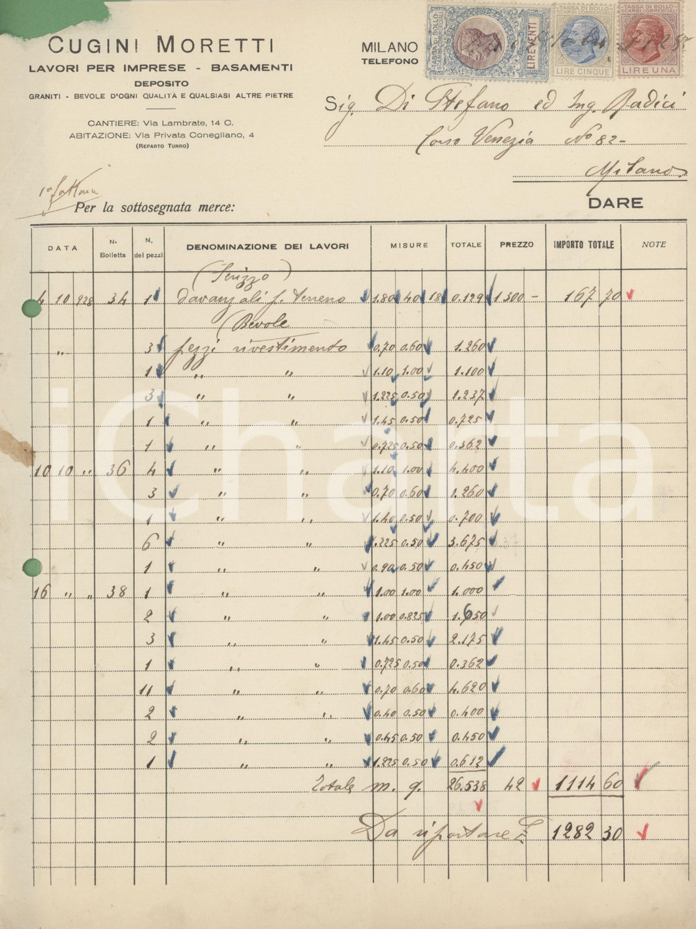 Documento originale, autentico 1928 MILANO Via Lambrate 14/C  Cugini MORETTI Lavori per imprese  Fattura 1 1