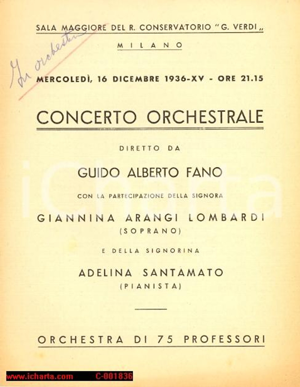 Materiale pubblicitario d’epoca 1936 MILANO Concerto orchestrale soprano Giannina ARANGI LOMBARDI *Programma 1