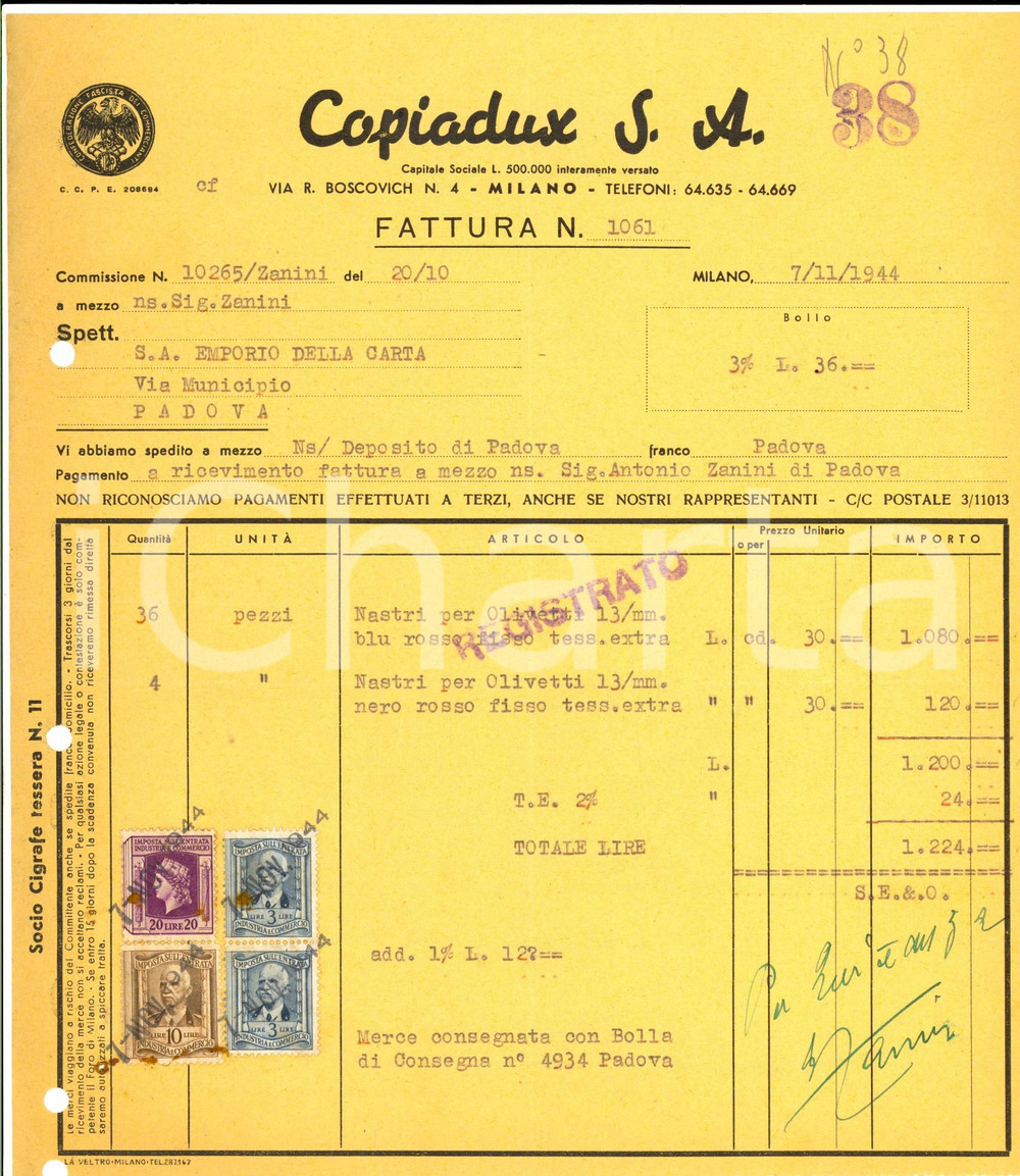 Manoscritto, lettera originale 1944 MILANO Ditta COPIADUX - Fattura per nastri OLIVETTI con bolli 1