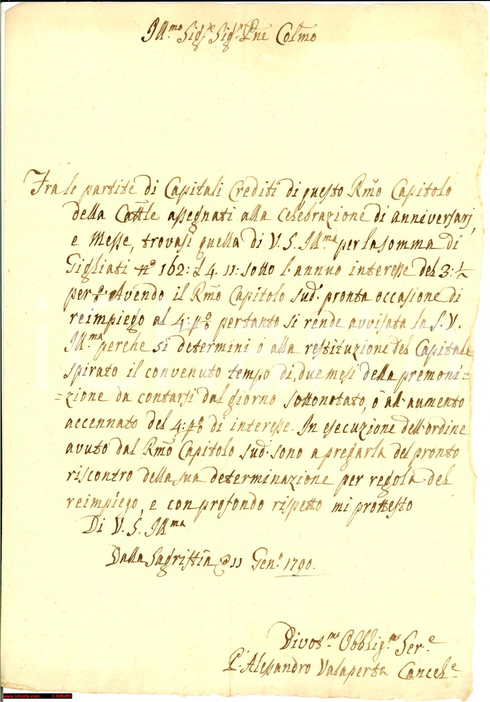 Manoscritto, lettera originale 1790 MILANO padre VALAPERTA crediti Capitolo Cattedrale 1