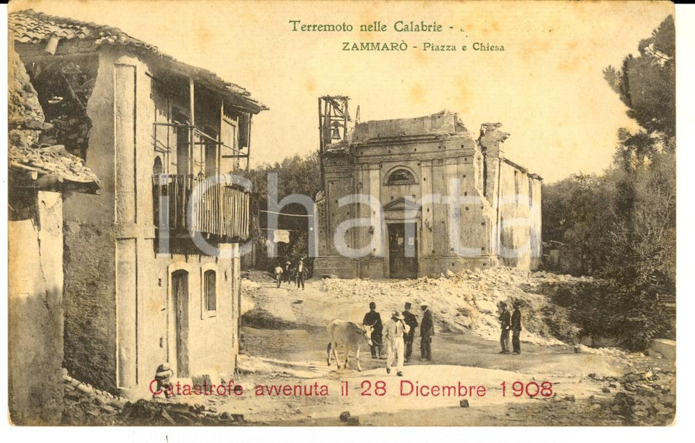 Cartolina originale da collezione 1908 TERREMOTO CALABRIA ZAMMARO' Piazza e chiesa distrutta *Cartolina ANIMATA 1