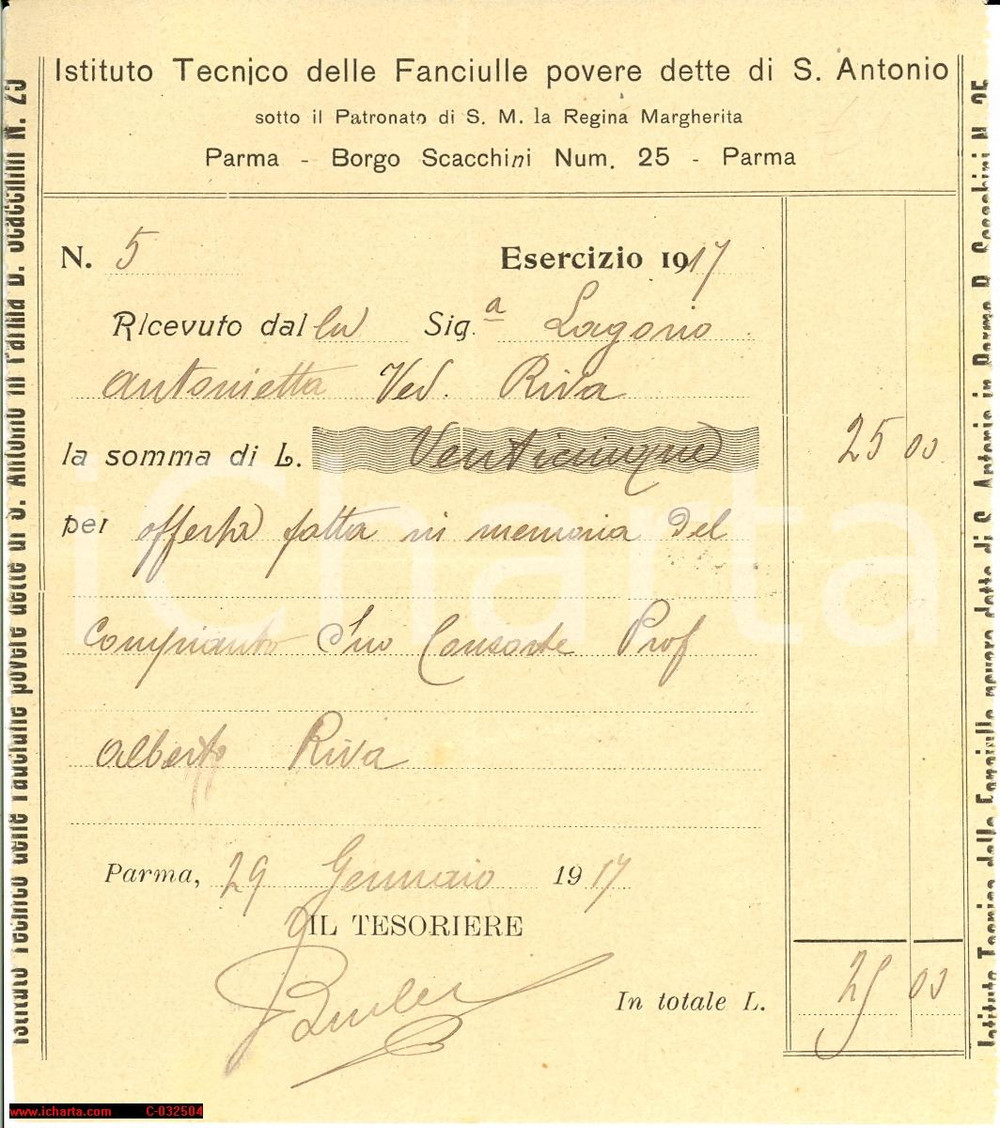 Documento originale, autentico 1917 PARMA Offerta Istituto Fanciulle Povere S.Antonio 1