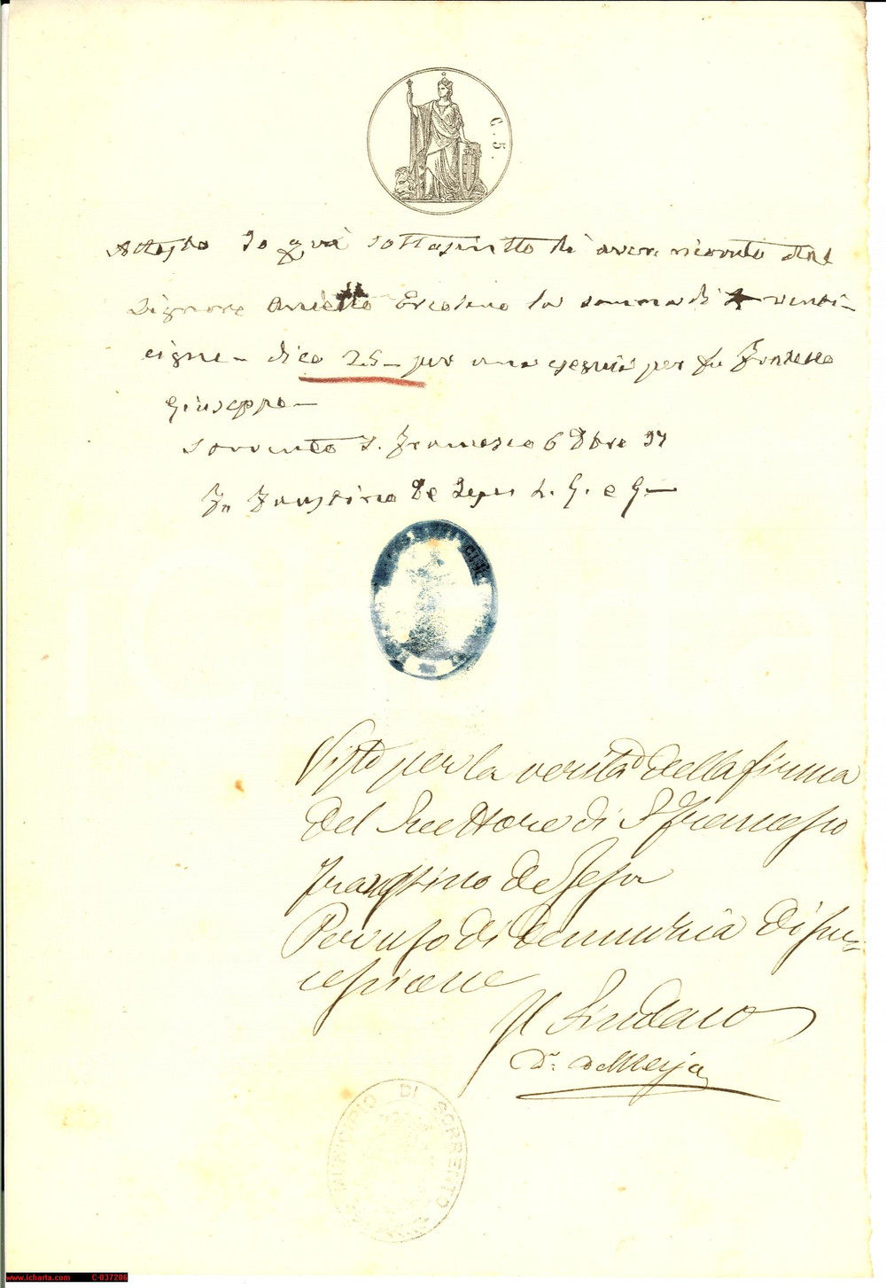 Documento originale, autentico 1897 SORRENTO (NA) Ricevuta funerale Francesco Giuseppe 1