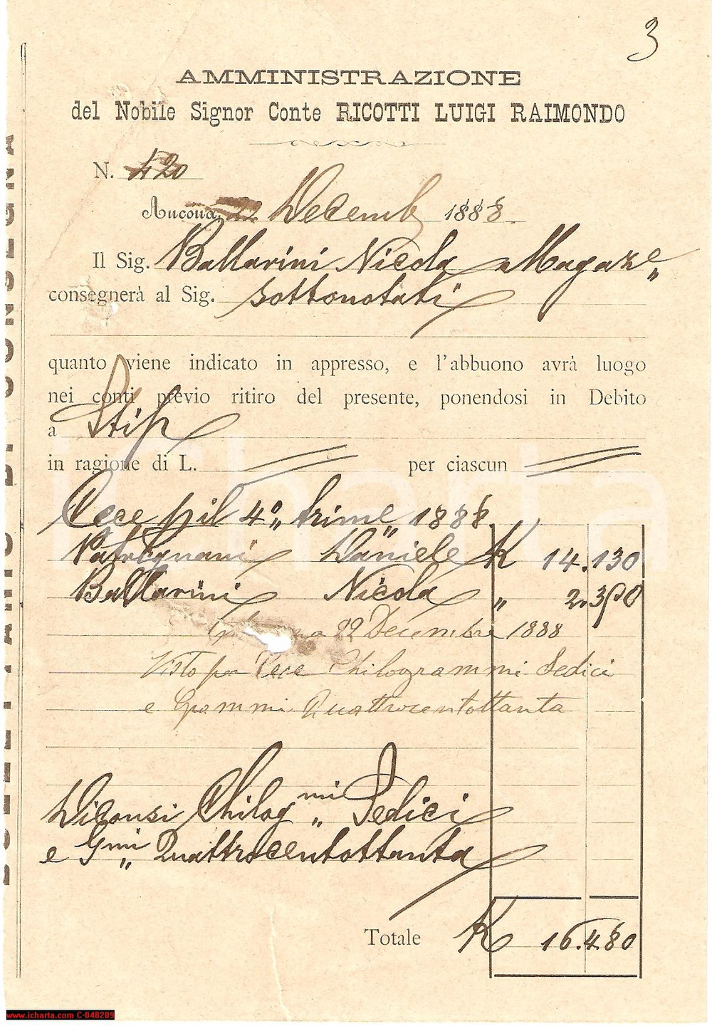Documento originale, autentico 1888 ANCONA Consegna ceci conte Luigi Raimondo RICOTTI 1