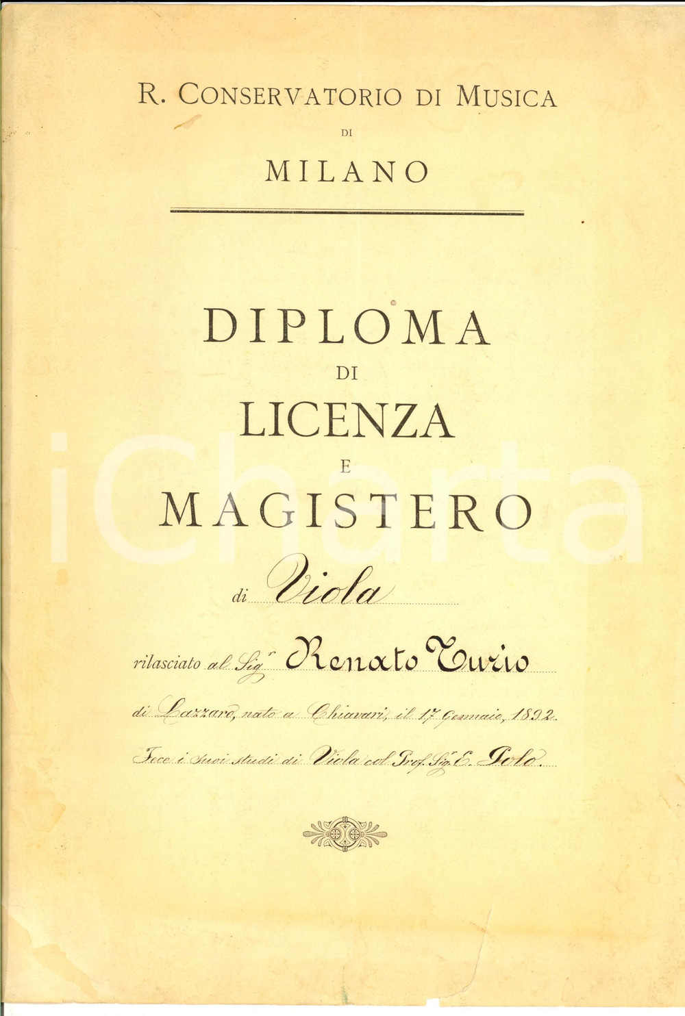 Documento originale, autentico 1910 ca MILANO Regio Conservatorio  Diploma magistero viola per Renato TURIO 1