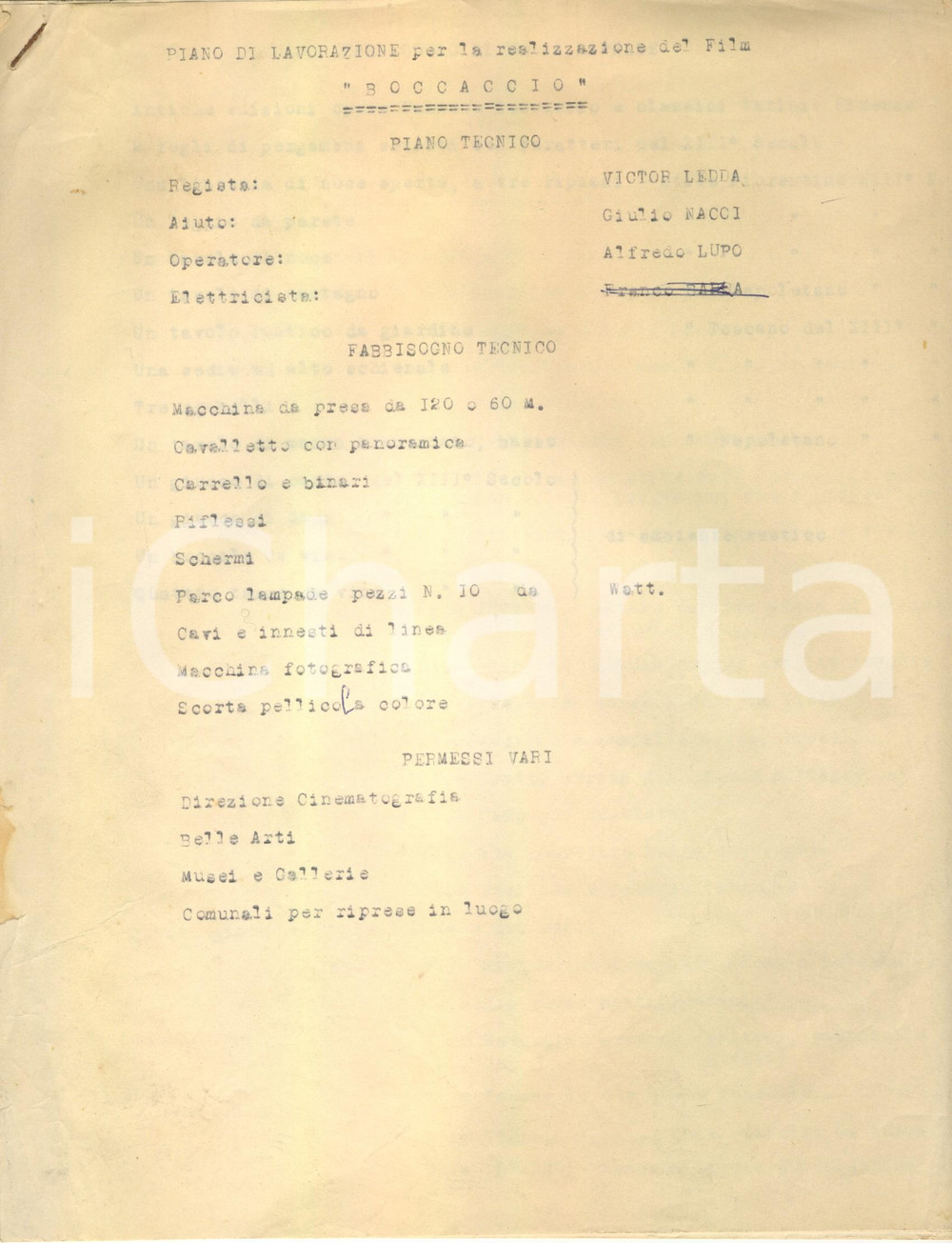 Manoscritto, lettera originale 1950 ca CINEMA Film BOCCACCIO di Victor LEDDA - Piano di lavorazione 1