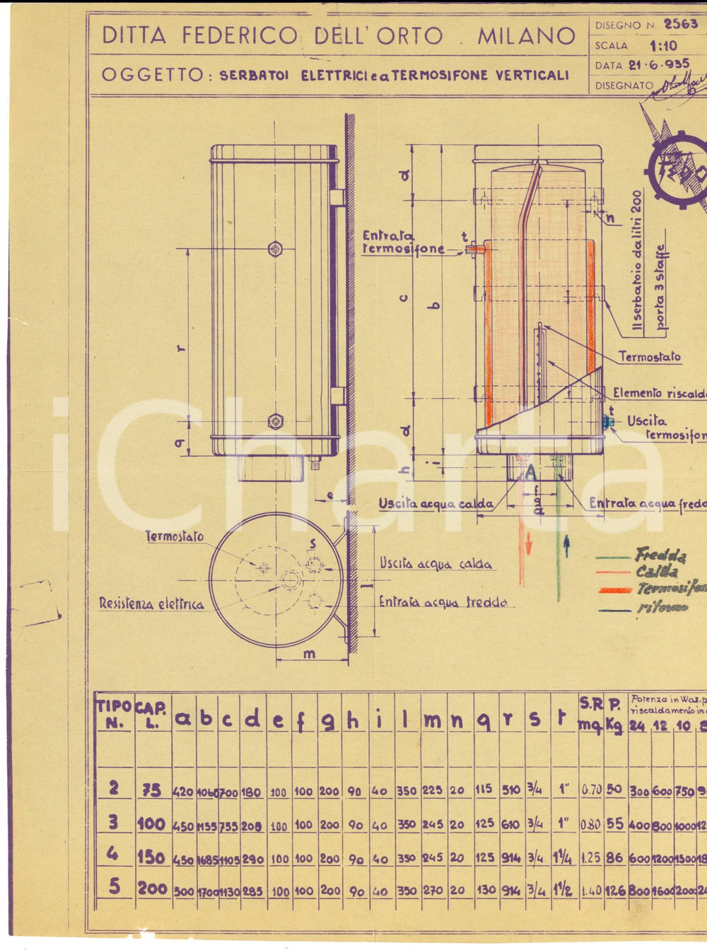 Stampa, bozzetto originale 1935 MILANO Federico DELL ORTO Serbatoi a termosifone Disegno tecnico 1