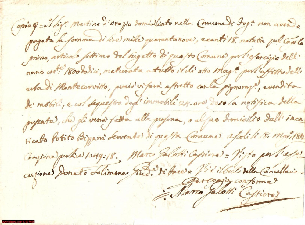 Documento originale, autentico 1812 ASCOLI SATRIANO (FG) D'ORAZIO sequestrato 1