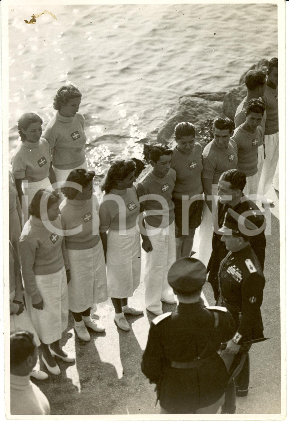 Fotografia d epoca originale 1938 NAPOLI Achille STARACE con nuotatori G.I.L. Inaugurazione nuova sede Foto 1