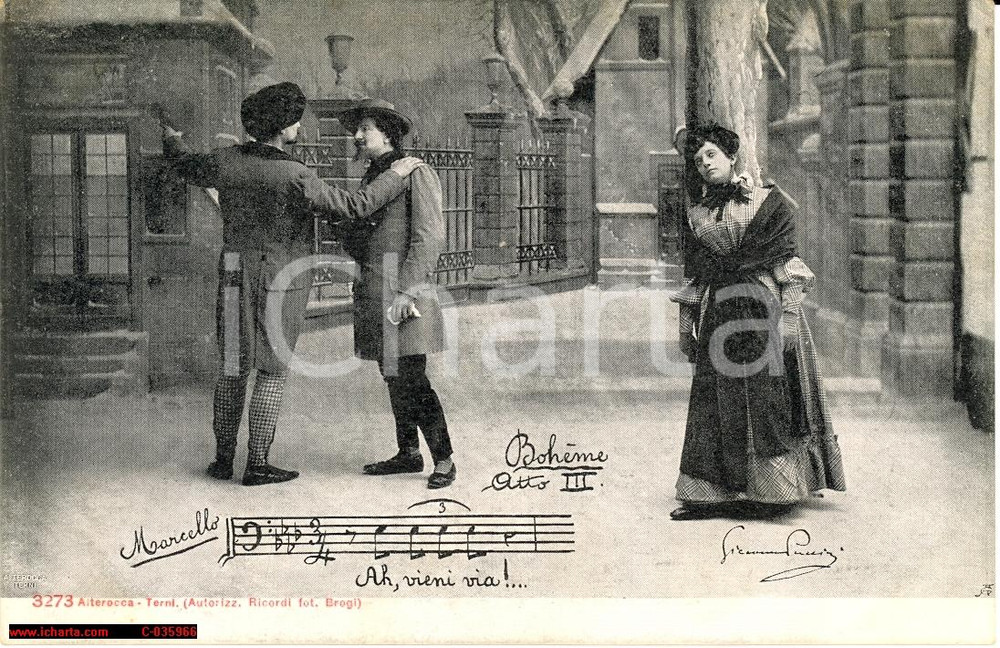 Cartolina originale da collezione 1900 La Boheme, foto di scena atto III Puccini cartolina ALTEROCCA 1