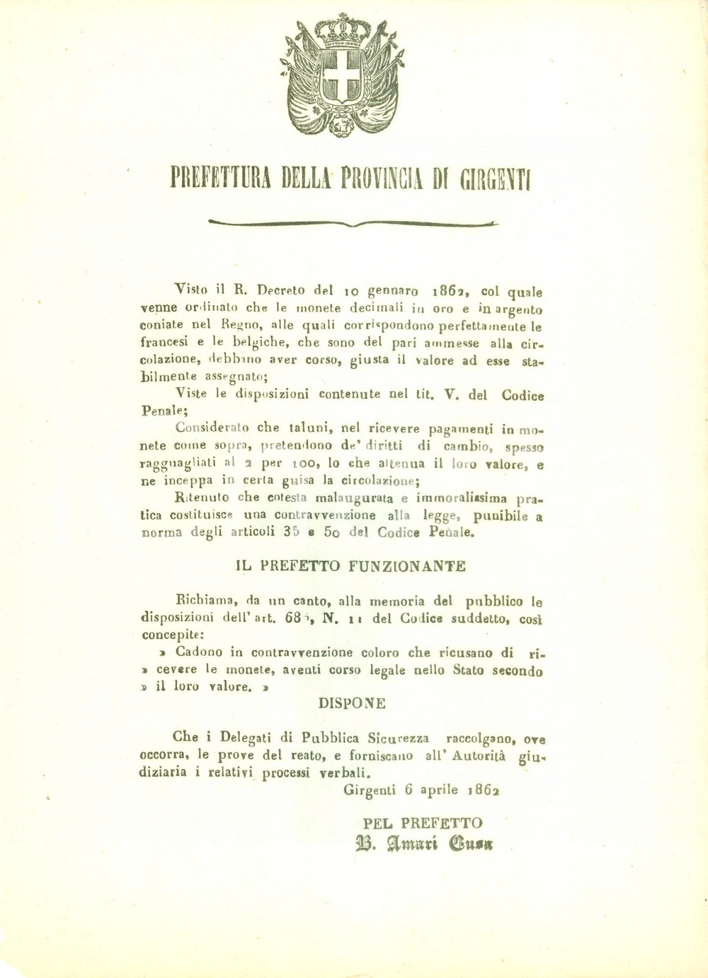 Documento originale, autentico 1862 GIRGENTI Pene severe per chi rifiuta pagamenti con monete del REGNO 1 1