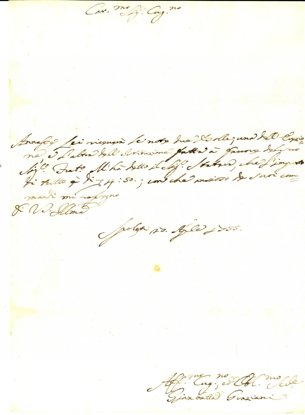 Manoscritto, lettera originale 1755 SPOLETO Giambattista GRAZIANI annuncia l invio di due bolle Lettera 1