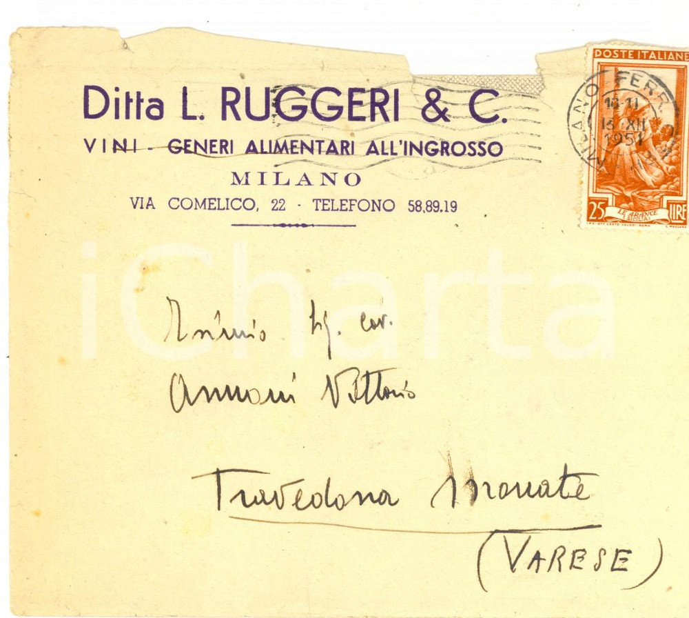 Oggetto da collezione cartaceo 1951 MILANO Ditta L. RUGGERI & C. Vini e alimentari ingrosso  Busta intestata 1